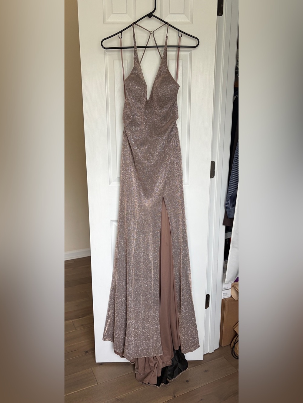 NWOT Prom Pageant shimmer glitter backless formal dress, high-thigh leg slit, 00